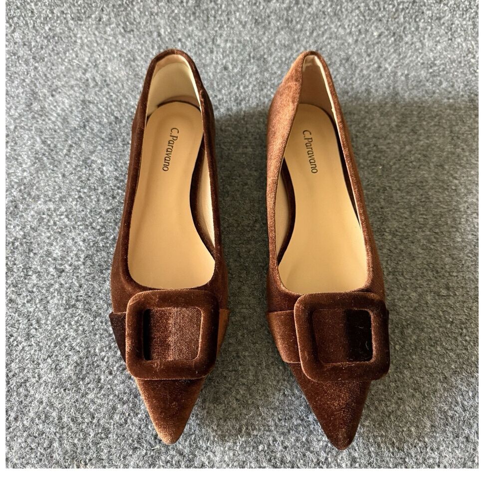 C. Paravano Brown Velvet Slip-On Flat Buckle Pointed Toe Women's US 7.5